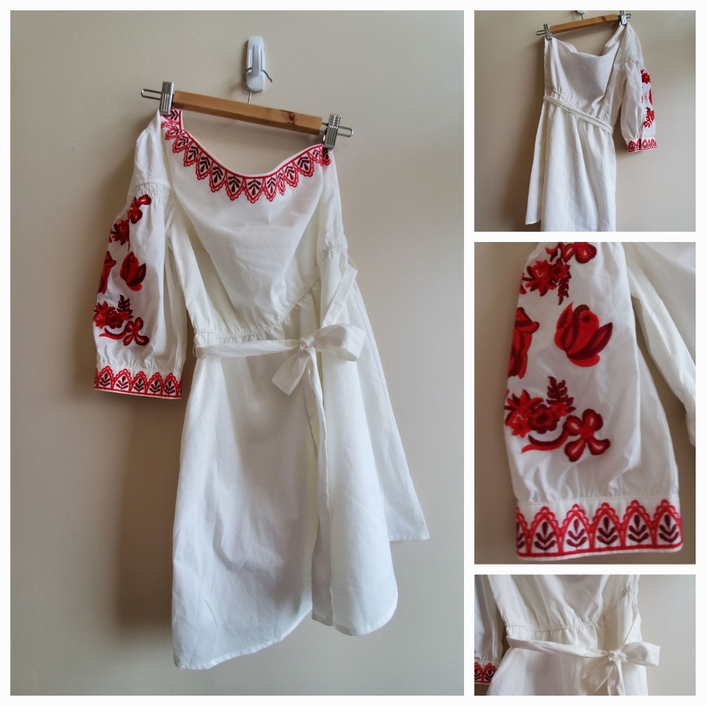 NWT LULUMARI asymmetrical dress, off shoulder with 3/4 sleeve with embroidery